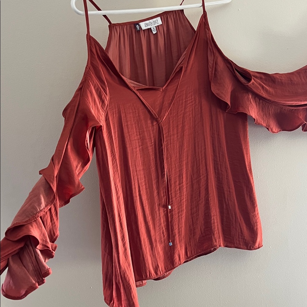 Jennifer Lopez Terracotta Ruffle Sleeve Blouse